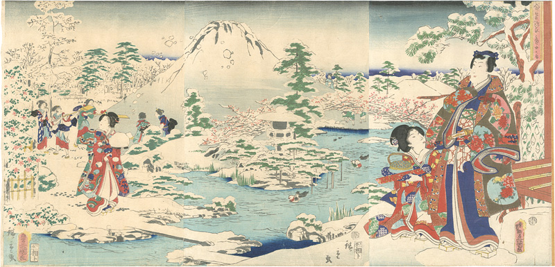 Toyokuni III, Hiroshige II “Genji by Collaborating Brushes / Snow in the Garden”／