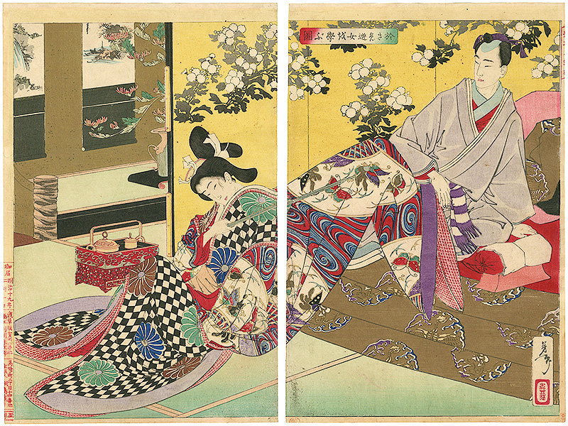 Yoshitoshi “A New Selection of Eastern Brocade Prints / The Shogun Tsunayoshi Teaches Osame to be a Courtesan”／