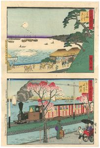 Hiroshige III/The Modern and Ancient Famous Places of Tokyo / Takanawa [古今東京名所　高輪　（古）八ツ山下月の景　（今）海岸の鉄道]