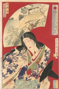 Kyosai, Kunichika/Famous Views for the 12 Months / The Seventh Month : Kabuki Actor Suketaya Takasuke IV in the Role of Hotoke Gozen[地名十二ヶ月之内　七月　助高屋高助　仏御前]