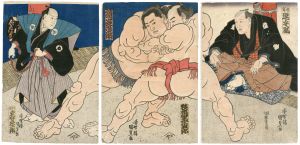 Kunisada I/Sumo Wrestlers, Kagamiiwa Hamanosuke and Kyonosato Sogoro (tentative title)[鏡岩濱之助・狹布里宗五郎取組の図（仮題）]