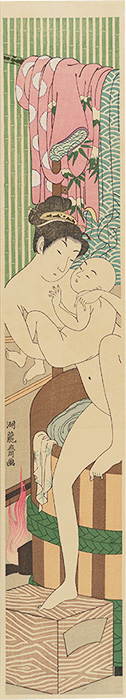 Koryusai “Woman with Baby Climbing out of Bathtub【Reproduction】”／