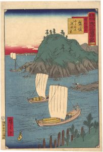 Hiroshige III/The Travel Journal of the Revised Fifty-three Stations of Famous Places in Tokai / No. 34: Maisaka[東海名所改正道中記　三十四 今切海上 舞坂 あらゐ迄渡船一里]