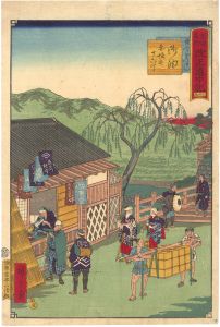 Hiroshige III/The Travel Journal of the Revised Fifty-three Stations of Famous Places in Tokai / No. 39: Goyu[東海名所改正道中記　三十九 東入口国すし 御油 赤坂迄十六丁]