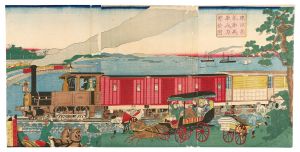 Kuniteru II/Steam Train, Carriages and Rickshaws in Tokyo[東京蒸気車馬車人力繁栄図]