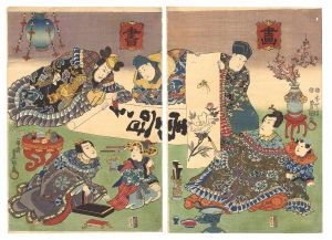 Toyokuni III/Actors in Chinese Costumes Representing Calligraphy (Sho) and Painting (Ga), Two of the Four Accomplishments[書 画]