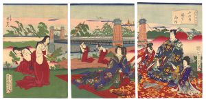 Kunichika and Kyosai/Eastern Genji / Pulling Up Young Pines in a Park before a Suspension Bridge[東源氏之内　小松曳園生之釣橋]