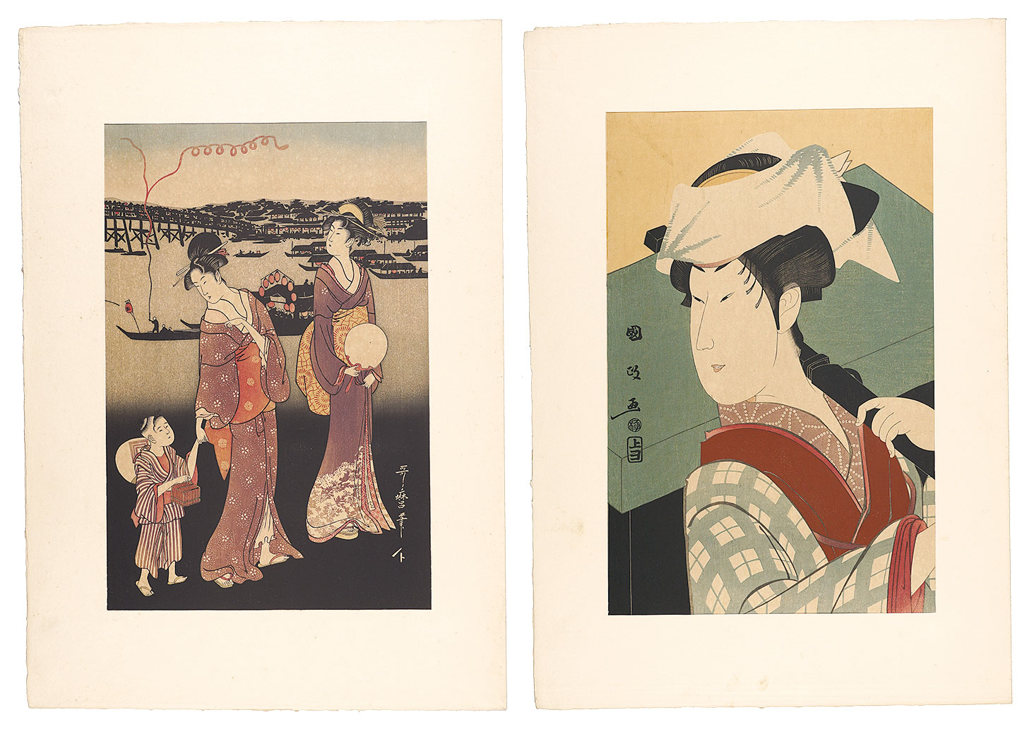 Kunimasa, Utamaro “Nakamura-Noshio, a Kabuki Actor on the Stage  / IIlumination at Ryogoku,Part 2（set in 3)  【Reproduction】”／