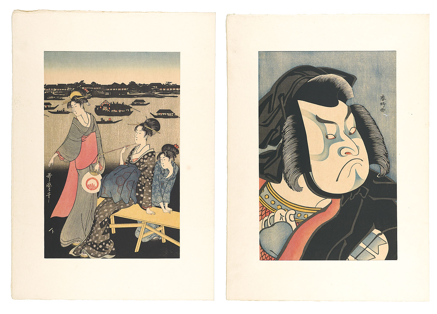 Utamaro, Shunko “IIlumination at Ryogoku,Part Ⅰ（set in 3) / Kumadori, Make-up of a Kabuki Actor【Reproduction】”／