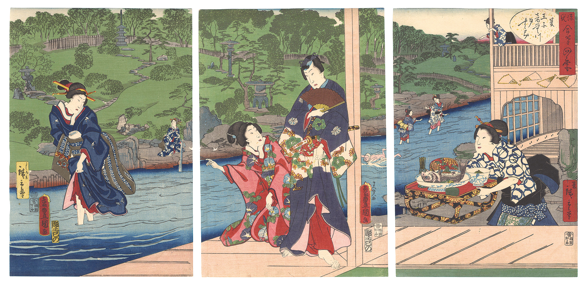 Toyokuni III and Hiroshige II “Four Seasons of Genji by Two Brushes / Summer: Enjoying the Cool of Evening at the Otonashi River in Oji”／