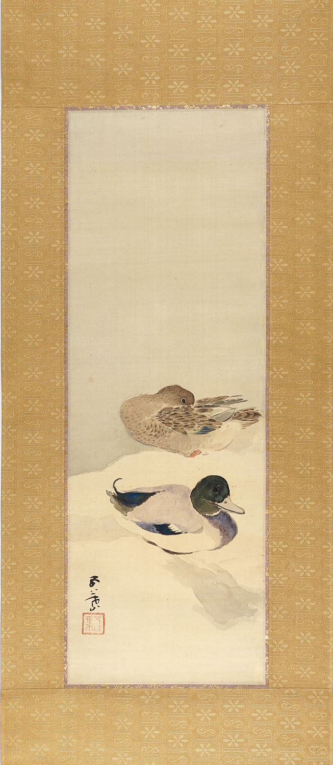 Hashiguchi Goyo “Mallard Ducks on Snowy Bank”／
