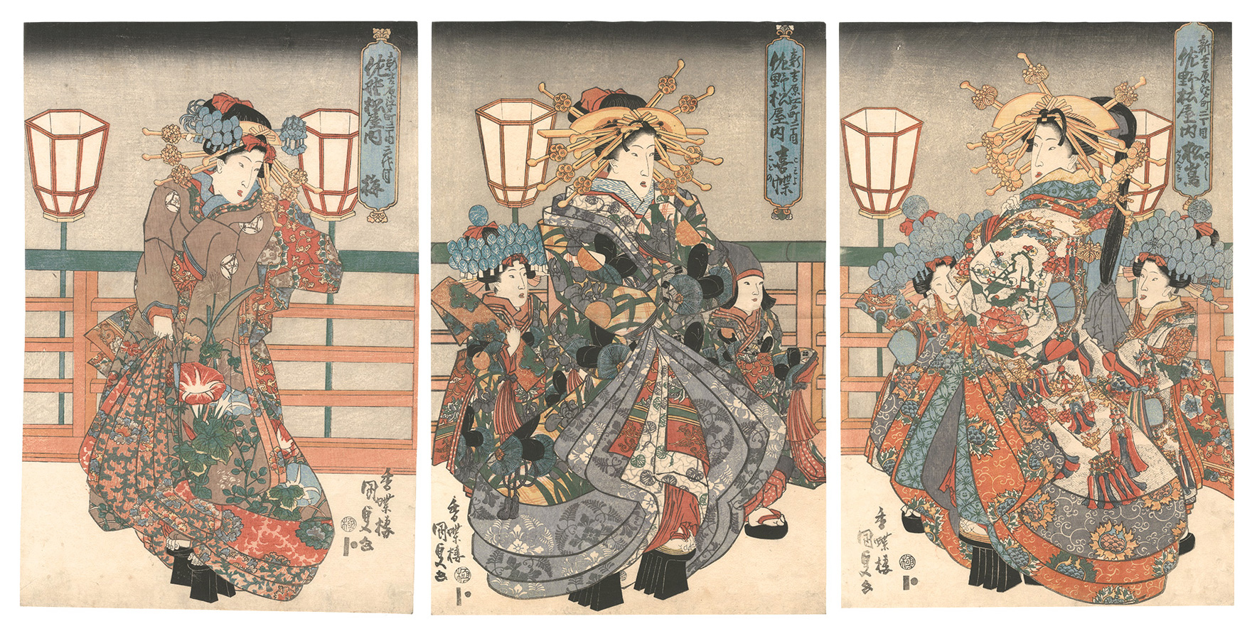 Kunisada I “Courtesans of the Sanomatsuya, in Edo-machi Nichome in the New Yoshiwara: Matsushima, Ume III and Kicho”／