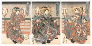 Kunisada I/Courtesans of the Sanomatsuya, in Edo-machi Nichome in the New Yoshiwara: Matsushima, Ume III and Kicho[新吉原江戸町二丁目 佐野松屋内　松島 三代目梅 喜蝶]