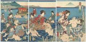 Kunichika/Ferrying passengers across the Oi River[大井川徒行渡図]