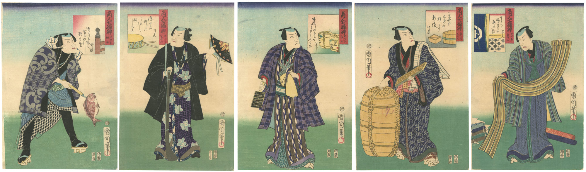 Kunichika “The Seven Lucky Gods Depicted as Merchants : 5 sheets out of 7 sheets”／