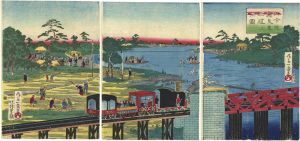 Ikkei/Train and Farmer at Rokugo River[六合陸蒸気車鉄道之全図]