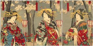 Kunichika/ Evening Cherry Blossoms; Flower Contest Among the Geisha Houses[花競廓の夜桜]