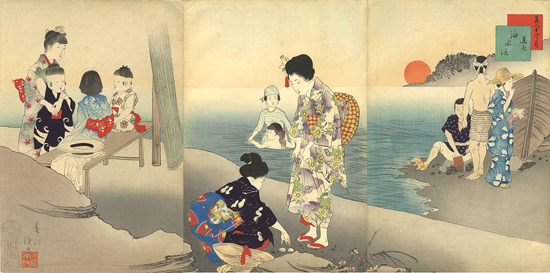 Shuntei “Beautiful Women for the Twelve Months / The 7th Months - Sea Bathing”／