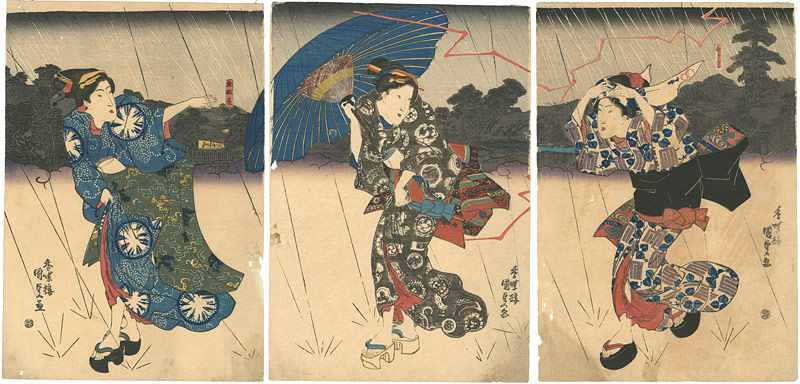 Kunisada I “3 Beauties Running in Rain”／