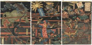 Yoshitora/Sato Masakiyo in Battle with Various Animal Monsters[佐藤正清四国征罰ノトキ小曽宇部元親ノ本城ヲ責落ス折カラ不計深山二立入怪物退治ノ図]