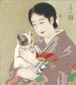 三木翠山｢自筆色紙　猫と女性｣