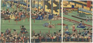 Kuniyoshi/Reception of Yoshitsune and Noriyori by Yoritomo and His Assembled Nobles after Their Victory over the Taira[右大将頼朝公平家追討として蒲冠者範頼源九郎義経両大将にて源氏恩顧の諸軍勢出陣を賀しゐ之図]