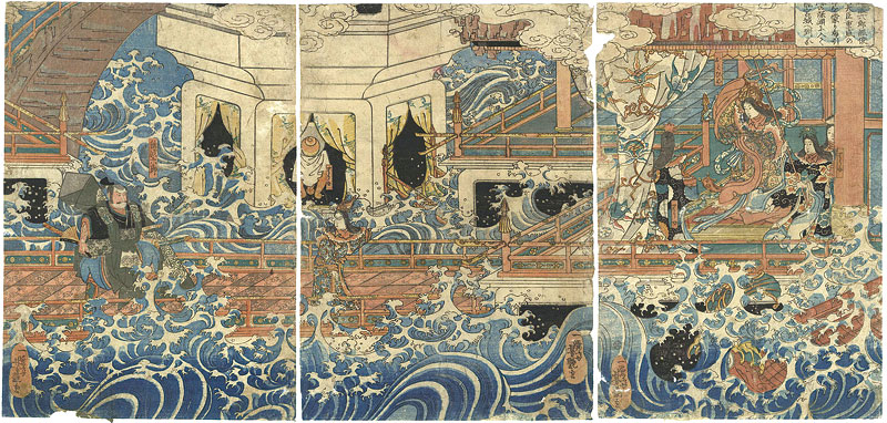 Yoshitsuya “Nanba Rokuro Tsuneto, by Order of Naidaijin Shigemori, Enters the Pool of Nunobiki Waterfall and Comes to the Dragon Palace”／