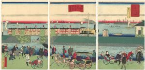 Hiroshige III/Train Passing Along Shinagawa Beach[東京品川海辺蒸気車鉄道之真景]