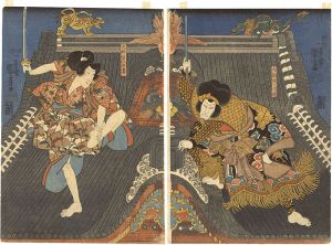 Kuniyoshi/History of the Eight Dogs of Satomi : The Scene of the Horyukaku Temple[里見八犬伝　芳流閣の場]