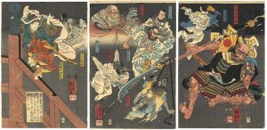 Kuniyoshi/Discomfiture of Benkei on Gojo Bridge by Ushiwakamaru (the childhood name of Yoshitsune), Assisted by the Tengu[平家の驕奢悪逆を憎み鞍馬山の僧正坊を始め諸山の八天狗御曹司牛若丸の影身を添ひ源家再興を企る随従の英雄を伏さしむる図]