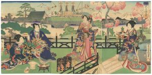 Toyokuni III, Hiroshige II/Prince Genji Watching a Roof-raising Ceremony[源氏上棟之景]