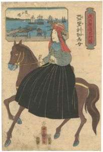 Yoshitora/Views of Famous Places of Yokohama in Bushu / Beautiful American Woman [武州横濱名所圖　亞里利加美女　波戸場]