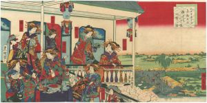 Toyokuni IV , Ikkei/Distant View of Hatcho Embankment from the Daikokuro[江戸町一丁目金瓶大黒楼上より八丁堤一覧の図]