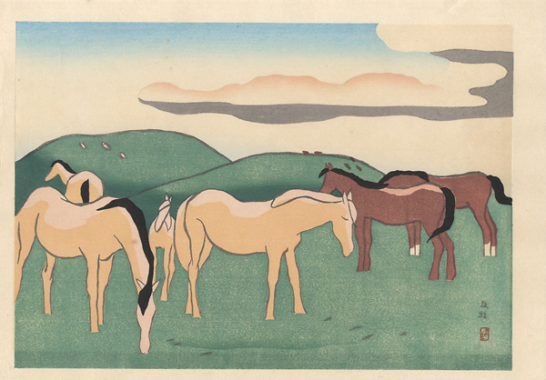 Sakamoto Hanjiro “5 Views of Mt. Aso / Horses in Pasture”／