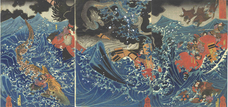Kuniyoshi “On the Sea at Mizumata in Higo Province, Tametomo is Shipwrecked in a Storm”／