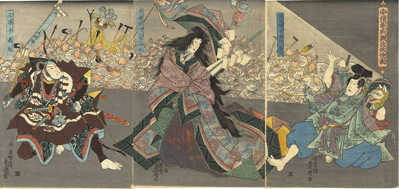Toyokuni III “Abe no Yasunari Uses a Mirror to Reveal Tamamo no Mae's True Form as a Nine-tailed Fox”／