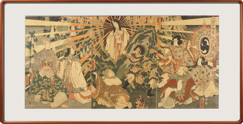 Toyokuni III “Origin of Iwato Kagura Dance (Japanese Sun Goddess Amaterasu Emerging from a Cave)	”／