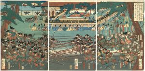 Yoshitsuya/In Preparation to Conquer the Heike at Their Stronghold in Ichinotani, Lord Yoritomo Makes Noriyori and Yoshitsune the Leaders of Two Sides with Long and Short Spears and Observes Their Practice Maneuvers [右大将頼朝公一の谷に楯篭る平家を攻落さんと範頼義経を両将と定めて長短の槍をもって手練の駈引を上覧の図]