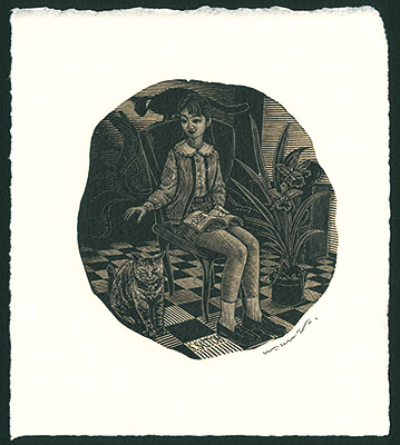 Wakuta Toshiyuki “Ex Libris / Girl on chair V (Cat & Girl)”／