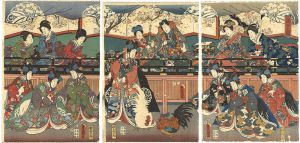 Toyokuni III/Illustration of Garden Cockfight[鶏合之図]