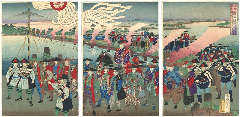 勝月｢将軍猪狩　松戸駅舟橋行列之図｣／