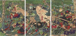 Yoshitsuya/Ushiwakamaru (the childhood name of Yoshitsune) fighting the robber Chohan[御曹司牛若丸橘次兄弟にともなわれて密に奥州下向の刻濃州青墓の宿の於て強賊張範を討]