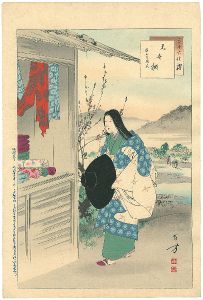 Toshikata/36 Elegant Selections - Shop Shelves / Woman of around the Kosho Era[三十六佳撰　見世棚　康正頃婦人]