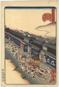 Hirokage/Comical Views of Famous Places in Edo / Gion Festival in Tori-itchome [江戸名所道化尽 通壹丁目祇園會]