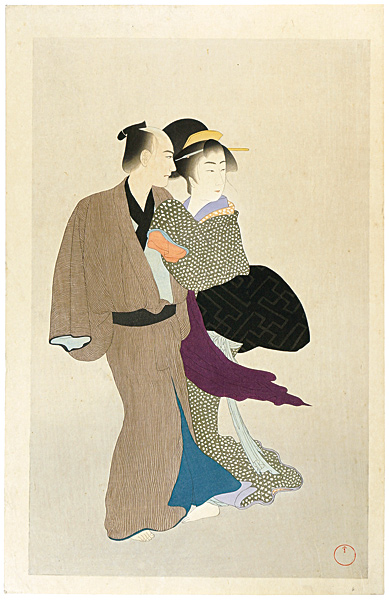 Komura Settai “Chikamatsu Monzaemon in 12 Months / Kabuki Performance Daikyoji : Portrait of Osan & Mohei”／
