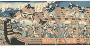 Kunisada II/The New Yoshiwara in Temporary Quarters: Courtesans of the House of Owariya Hikotaro Viewing Cherry Blossoms[新よし原仮宅おハ里や彦太郎□抱女花見図]