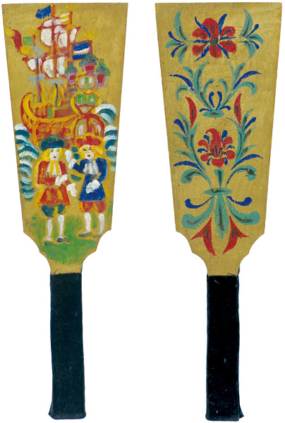 Kawakami Sumio “Painting on Hagoita ( wooden paddle) : European Ship & Europeans”／