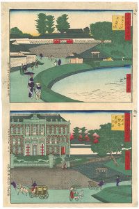 Hiroshige III/The Modern and Ancient Famous Places of Tokyo: Soto Sakurada[古今東京名所　（古）外さくら田弁慶堀（今）外桜田陸軍参謀本部]