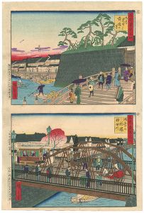 Hiroshige III/The Modern and Ancient Famous Places of Tokyo: Asakusa[古今東京名所　（古）浅草見付より柳橋の景（今）浅草の釣橋神田川 ]