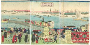 Hiroshige III/The Steam Locomotive at a shore, Takanawa, Tokyo[東京高輪海岸蒸気車鉄道図]